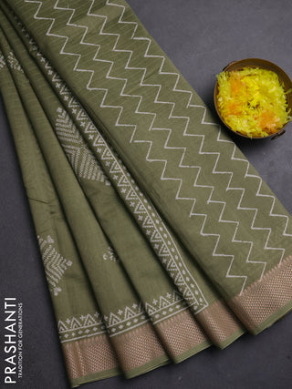Maheshwari silk cotton saree olive green with butta block prints and thread woven border