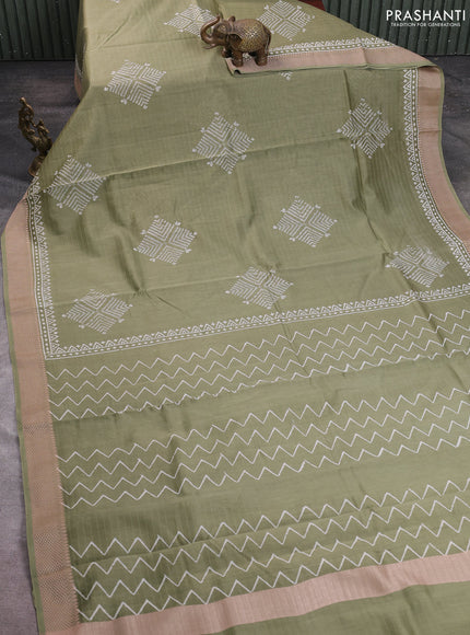 Maheshwari silk cotton saree olive green with butta block prints and thread woven border