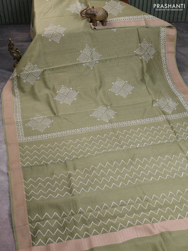 Maheshwari silk cotton saree olive green with butta block prints and thread woven border