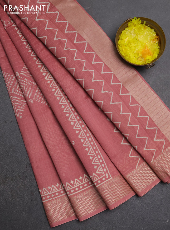 Maheshwari silk cotton saree peach shade with butta block prints and thread woven border