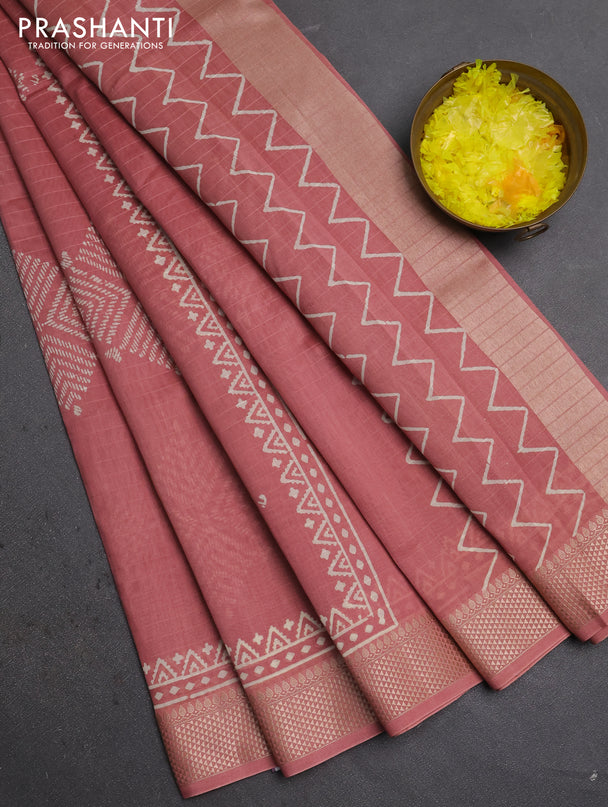 Maheshwari silk cotton saree peach shade with butta block prints and thread woven border