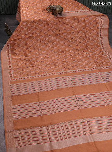 Maheshwari silk cotton saree rust shade with allover floral butta block prints and thread woven border