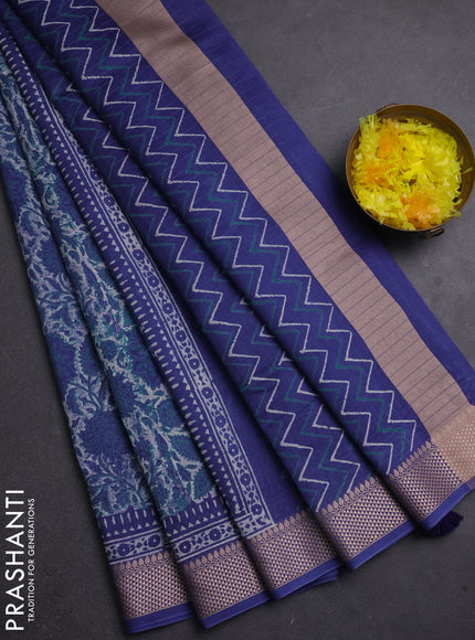 Maheshwari silk cotton saree beige and blue with allover floral block prints and thread woven border
