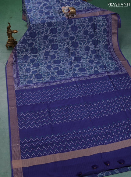 Maheshwari silk cotton saree beige and blue with allover floral block prints and thread woven border