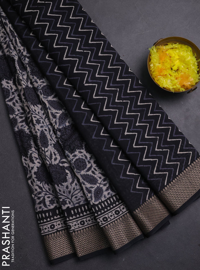 Maheshwari silk cotton saree off white and black with allover floral block prints and thread woven border