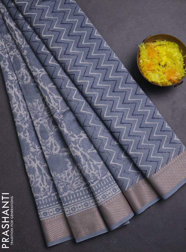 Maheshwari silk cotton saree off white and grey with allover floral block prints and thread woven border