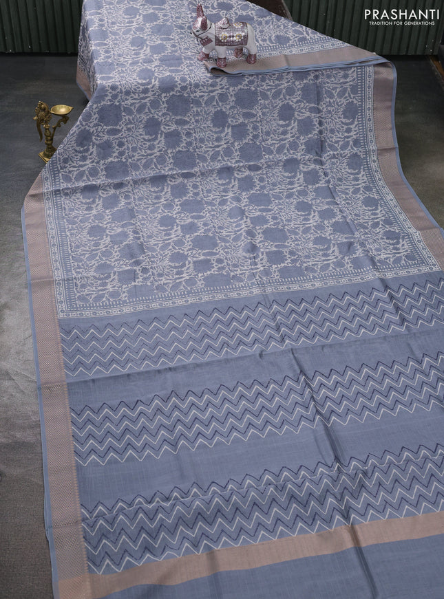 Maheshwari silk cotton saree off white and grey with allover floral block prints and thread woven border