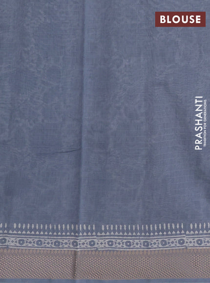 Maheshwari silk cotton saree off white and grey with allover floral block prints and thread woven border