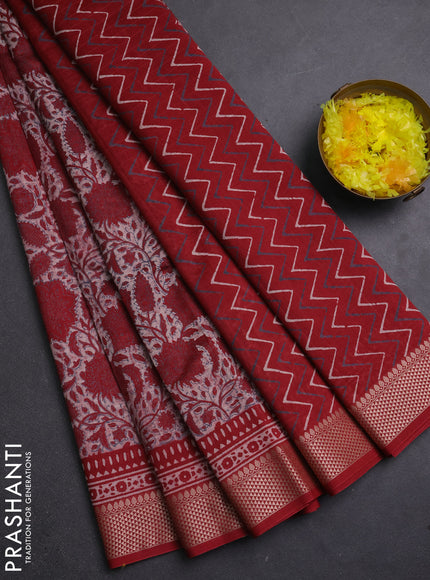 Maheshwari silk cotton saree off white and red with allover floral block prints and thread woven border