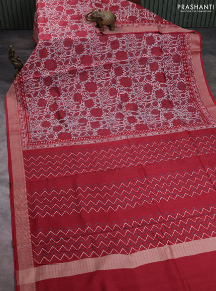 Maheshwari silk cotton saree off white and red with allover floral block prints and thread woven border