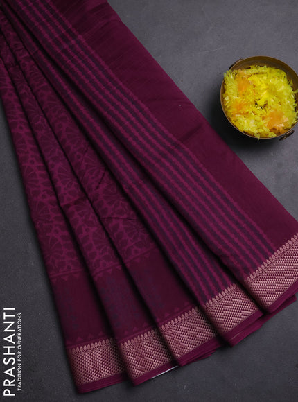 Maheshwari silk cotton saree magenta pink and wine shade with allover block prints and thread woven border