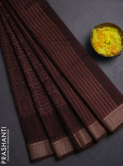 Maheshwari silk cotton saree pastel brown and coffee brown with allover block prints and thread woven border