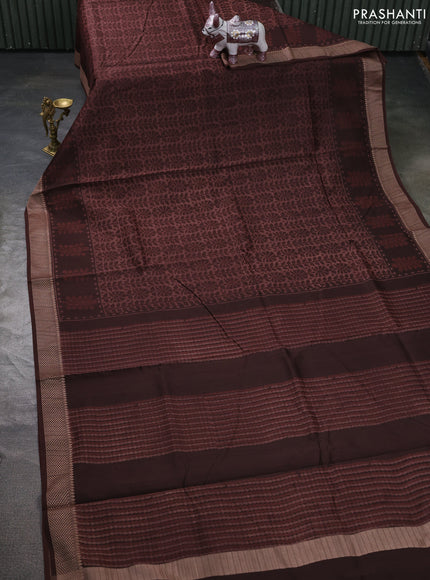 Maheshwari silk cotton saree pastel brown and coffee brown with allover block prints and thread woven border