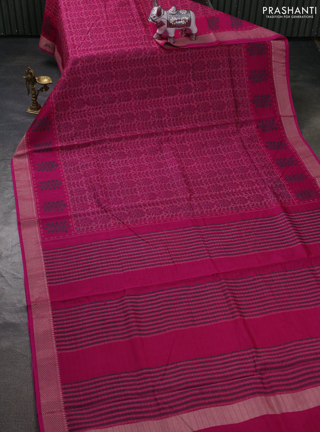 Maheshwari silk cotton saree pink and magenta pink with allover block prints and thread woven border