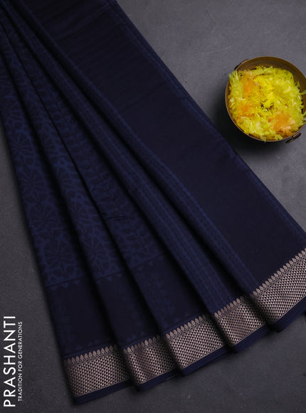 Maheshwari silk cotton saree dark blue with allover block prints and thread woven border