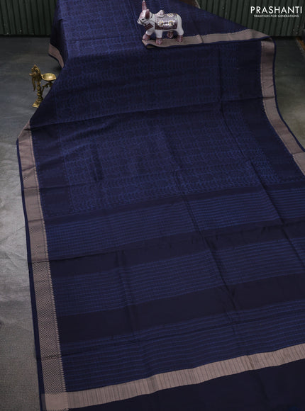 Maheshwari silk cotton saree dark blue with allover block prints and thread woven border
