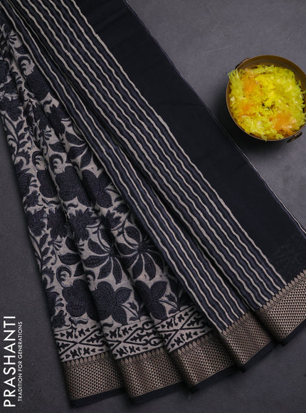 Maheshwari silk cotton saree black and beige with allover kalamkari block prints and thread woven border