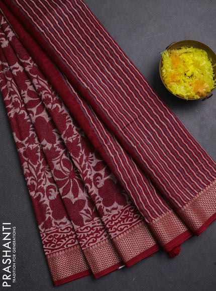 Maheshwari silk cotton saree beige and maroon with allover kalamkari block prints and thread woven border
