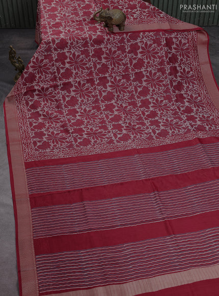 Maheshwari silk cotton saree beige and maroon with allover kalamkari block prints and thread woven border