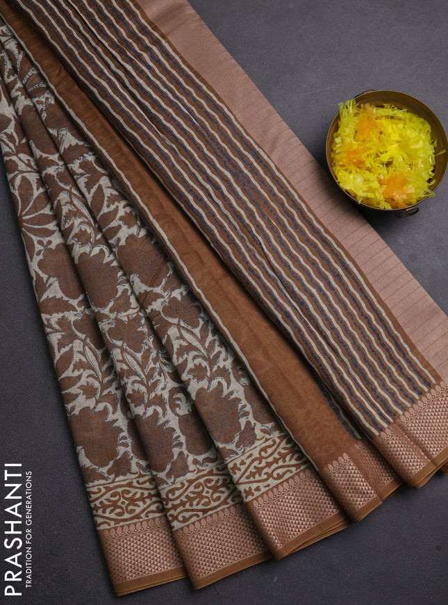Maheshwari silk cotton saree beige and dark mustard with allover kalamkari block prints and thread woven border