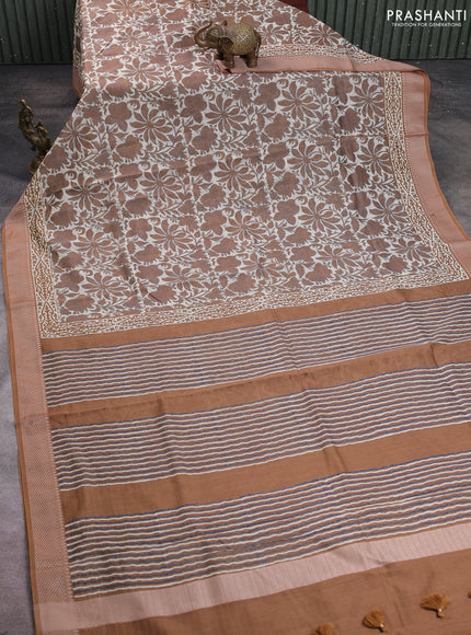 Maheshwari silk cotton saree beige and dark mustard with allover kalamkari block prints and thread woven border