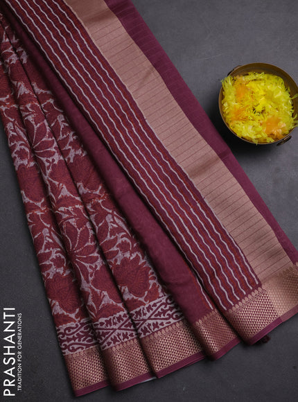 Maheshwari silk cotton saree beige and maroon with allover kalamkari block prints and thread woven border