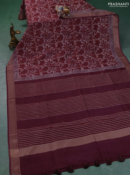 Maheshwari silk cotton saree beige and maroon with allover kalamkari block prints and thread woven border