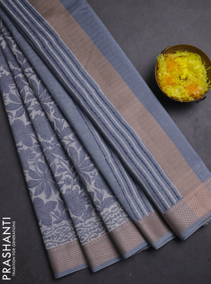 Maheshwari silk cotton saree off white and grey with allover kalamkari block prints and thread woven border