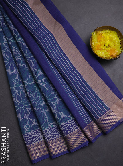 Maheshwari silk cotton saree beige and blue with allover kalamkari block prints and thread woven border