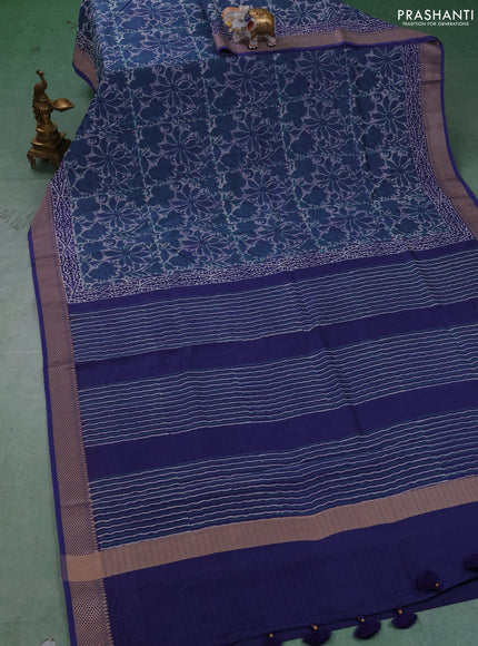 Maheshwari silk cotton saree beige and blue with allover kalamkari block prints and thread woven border