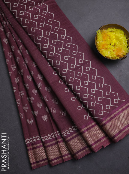Maheshwari silk cotton saree wine shade with allover butta block prints and thread woven border
