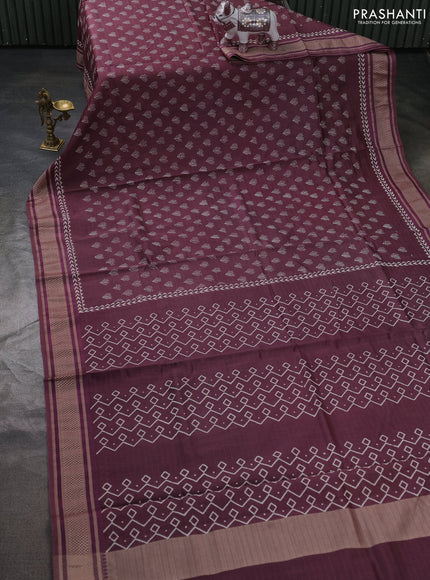 Maheshwari silk cotton saree wine shade with allover butta block prints and thread woven border