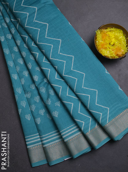 Maheshwari silk cotton saree teal green shade with allover butta block prints and thread woven border
