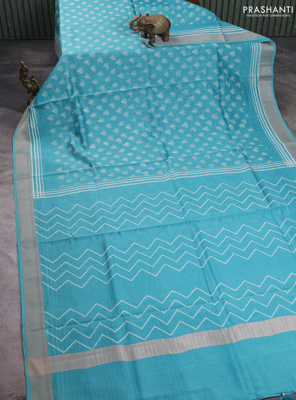 Maheshwari silk cotton saree teal green shade with allover butta block prints and thread woven border