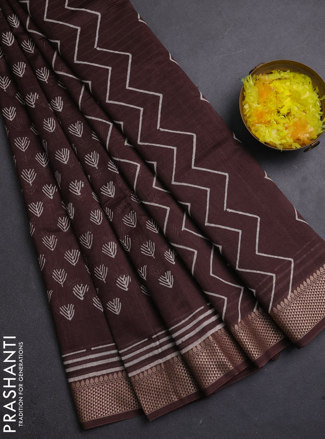 Maheshwari silk cotton saree coffee brown with allover butta block prints and thread woven border