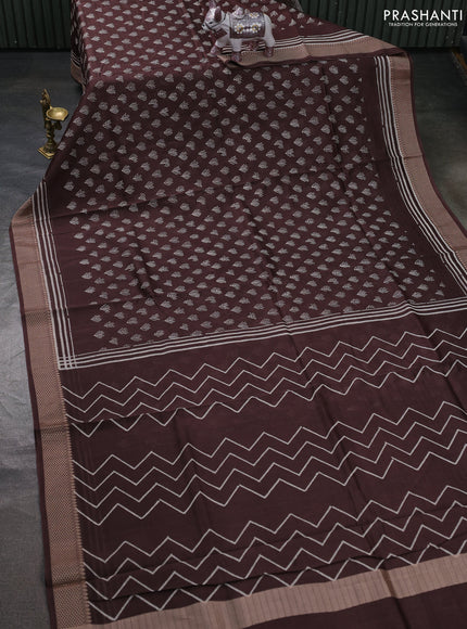 Maheshwari silk cotton saree coffee brown with allover butta block prints and thread woven border