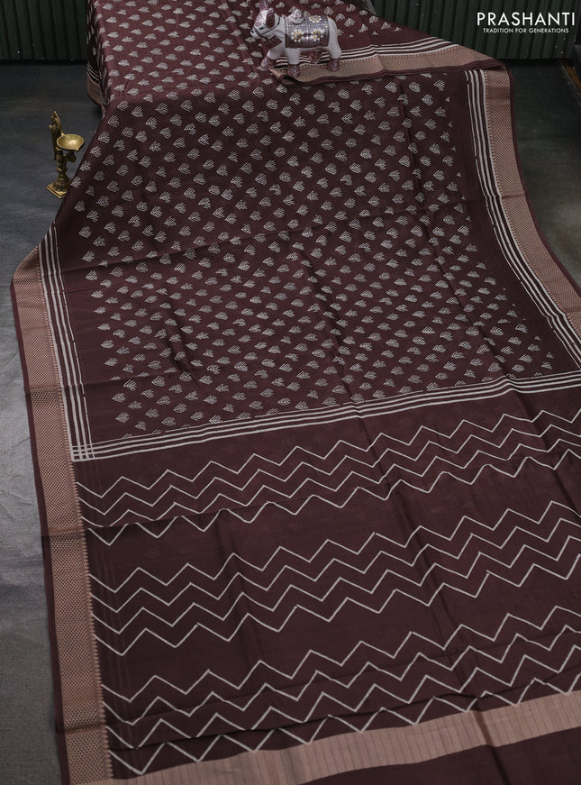 Maheshwari silk cotton saree coffee brown with allover butta block prints and thread woven border