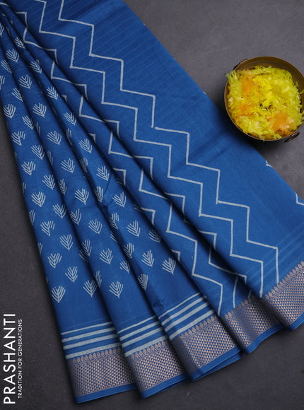 Maheshwari silk cotton saree cs blue with allover butta block prints and thread woven border
