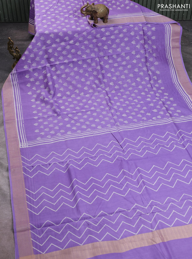 Maheshwari silk cotton saree lavender with allover butta block prints and thread woven border