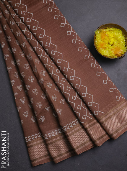 Maheshwari silk cotton saree pastel brown with allover butta block prints and thread woven border