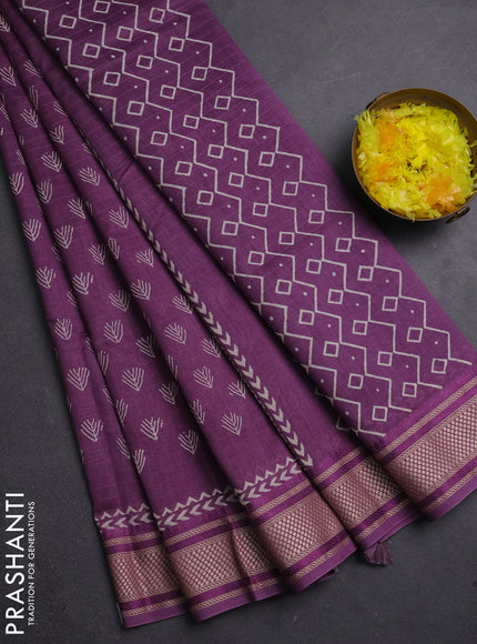 Maheshwari silk cotton saree pueple shade with allover butta block prints and thread woven border