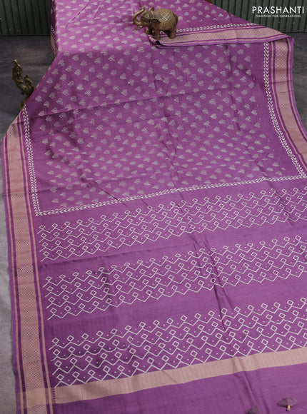 Maheshwari silk cotton saree pueple shade with allover butta block prints and thread woven border