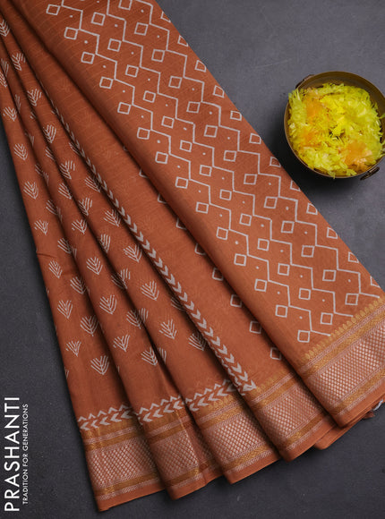 Maheshwari silk cotton saree rust shade with allover butta block prints and thread woven border