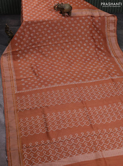 Maheshwari silk cotton saree rust shade with allover butta block prints and thread woven border