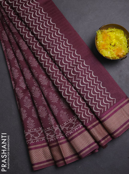 Maheshwari silk cotton saree wine shade with allover floral butta block prints and thread woven border