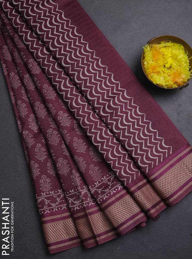 Maheshwari silk cotton saree wine shade with allover floral butta block prints and thread woven border