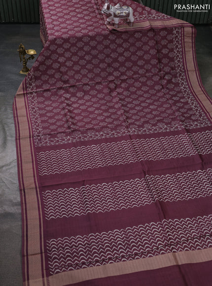 Maheshwari silk cotton saree wine shade with allover floral butta block prints and thread woven border