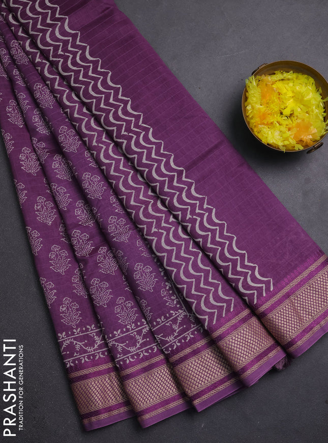 Maheshwari silk cotton saree purple with allover floral butta block prints and thread woven border