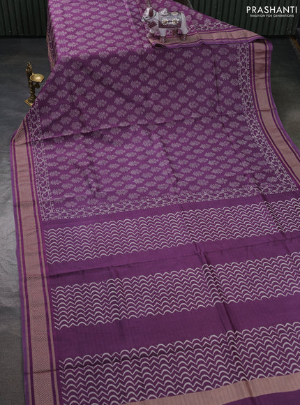 Maheshwari silk cotton saree purple with allover floral butta block prints and thread woven border