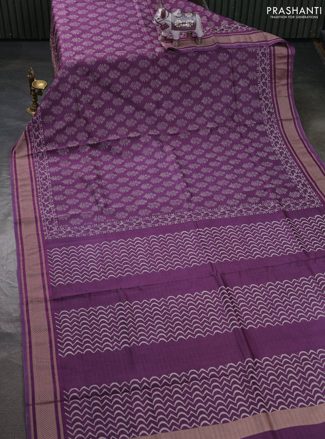Maheshwari silk cotton saree purple with allover floral butta block prints and thread woven border